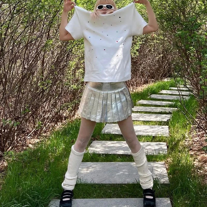 maoxiangshop - Star Hot Diamond Bling Bling Summer T-shirts Cotton Loose O-neck Short Sleeve Fashion Cute Tees White Street Tops Woman 2024 New