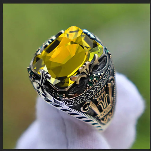 maoxiangshop Retro Handmade Turkish Signet Rings for Men Ancient Silver Color Carved Ring Mystic Zircon Inlay New Punk Motor Biker Ring