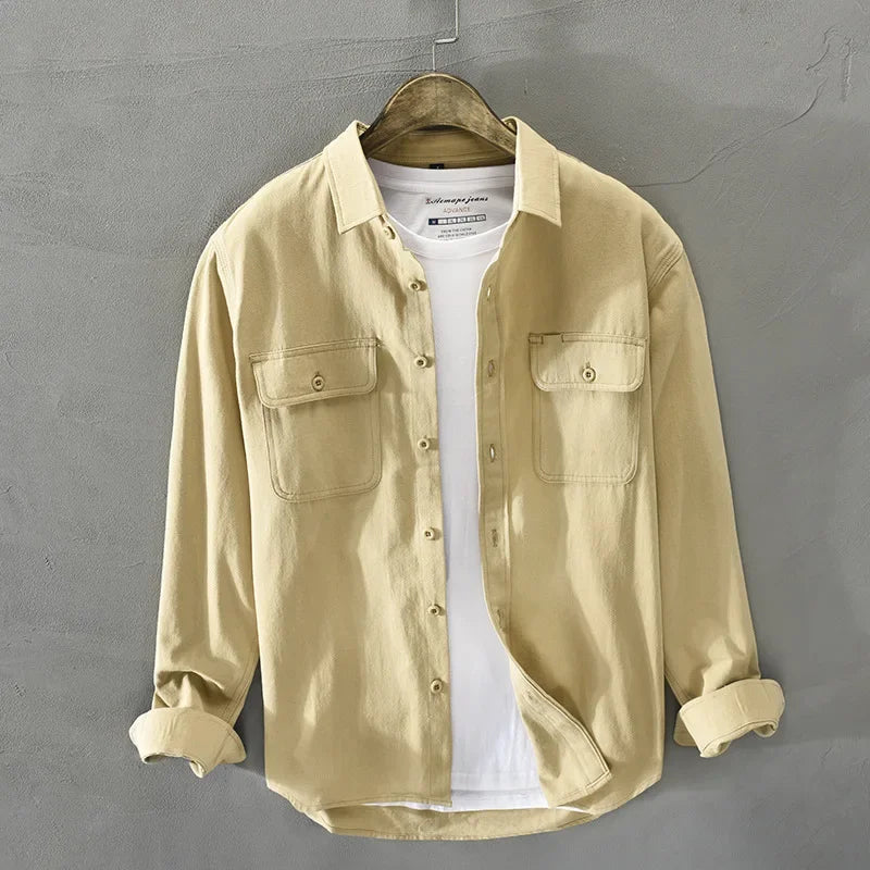 maoxiangshop Spring and Autumn New Men Men's White Long Sleeve Shirt Pure Cotton Retro Style Button Up Pocket Male White Clothes Top
