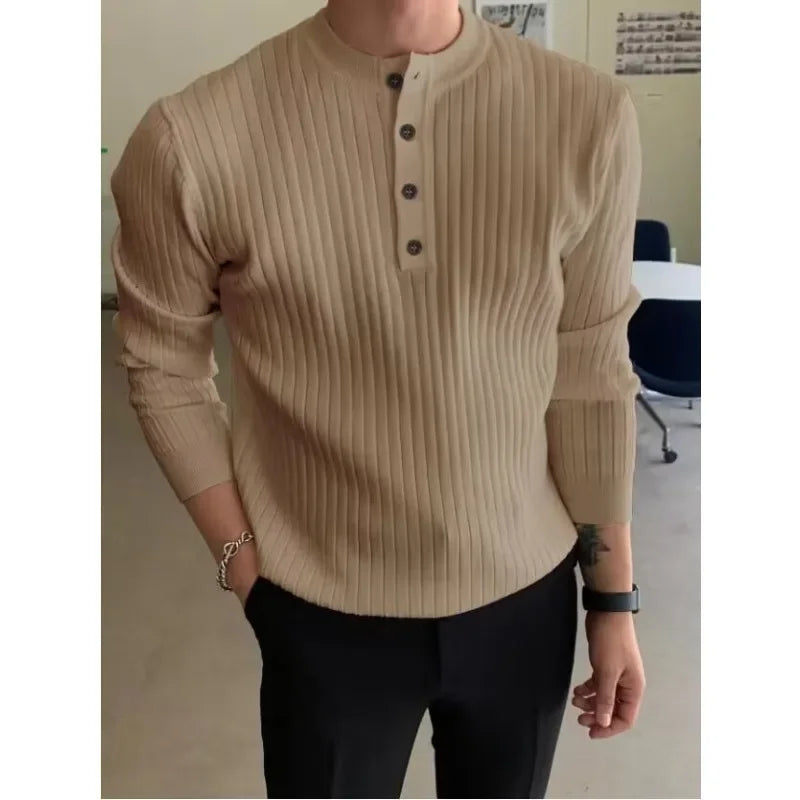 maoxiangshop Men's Semi High Neck Button Knitted Sweater, Men's 2024 Autumn and Winter Sweater, Casual Pullover, Long Sleeved Knitted Sweater
