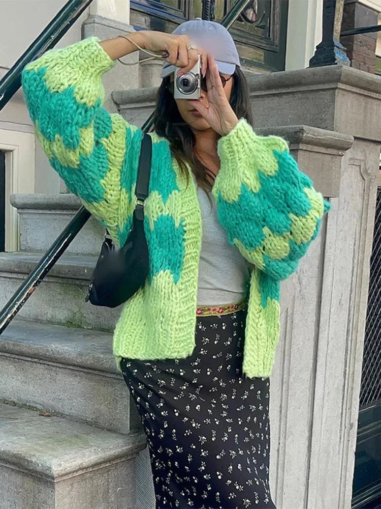 maoxiangshop - Color Blocking Knitted Cardigan For Women Casual Loose Long Sleeve Crop Sweater Female Streetwear Fashion Autumn Winter