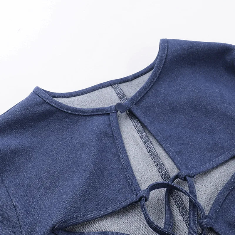 maoxiangshop - Lace Up Hollow Out Star Denim Crop Tops For Woman Summer Clothes Girly Y2k Cute Sexy T-Shirts Fitted Shirts Streetwear