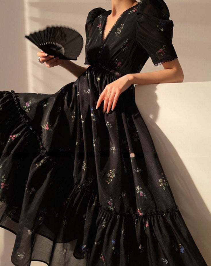 maoxiangshop Floral Dress for Women Fashion Vintage Short Sleeves V Neck Summer Dress French Style Folds Pullover Maxi Dress