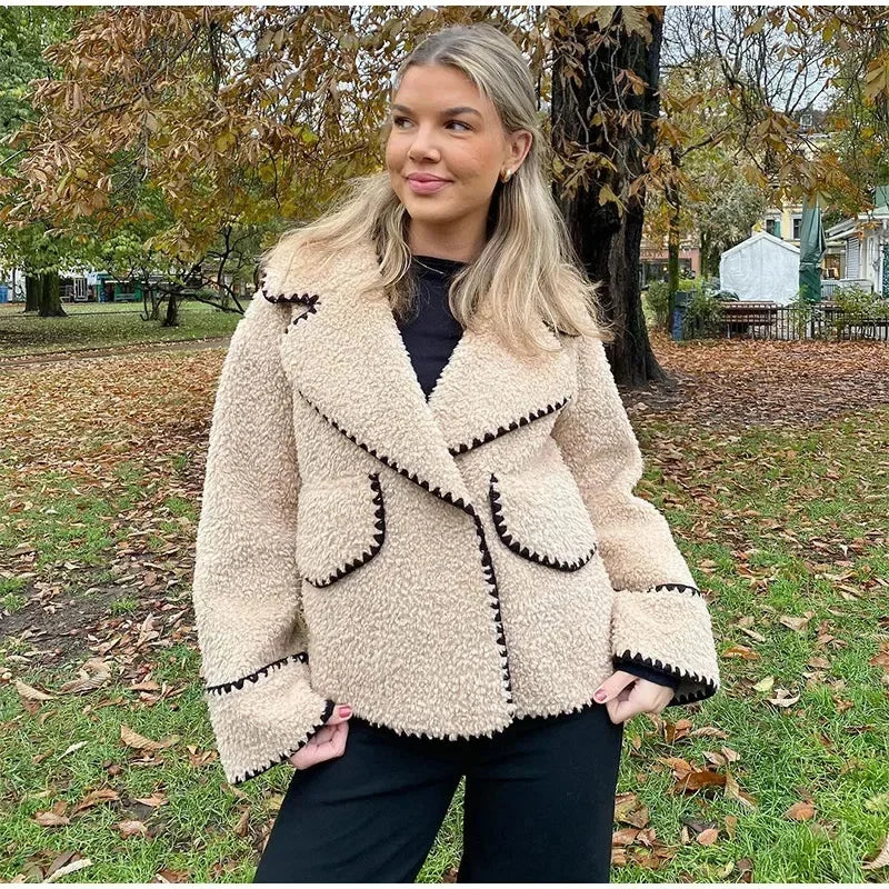 maoxiangshop - Elegant Solid Lapel Lamb Wool Wram Jacket Women O Neck Long Sleeves Slim Pocket Coats 2024 Autumn Winter Fashion Warm Outerwear