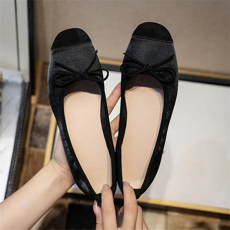 maoxiangshop - Breathable Silk Ballerinas Ballet Flats Women Summer Autumn Slip on Loafers Square Toe Bowknot Flat Casual Shoes