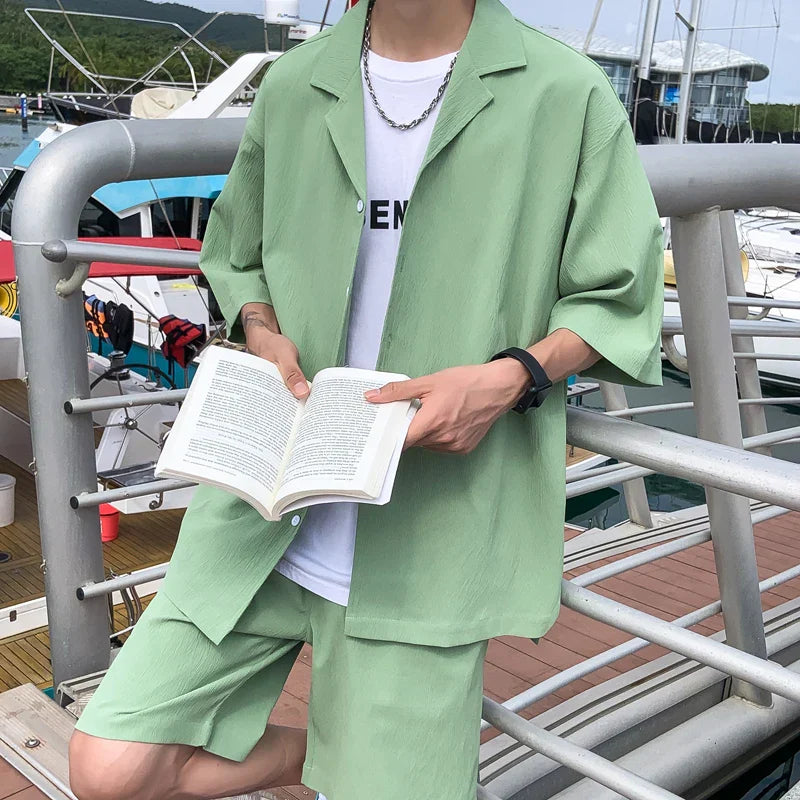 maoxiangshop Summer Two-Piece Men's Sets Shirt and Shorts Casual Outfits Oversized Short Suit Plain Clothes Clean Fit