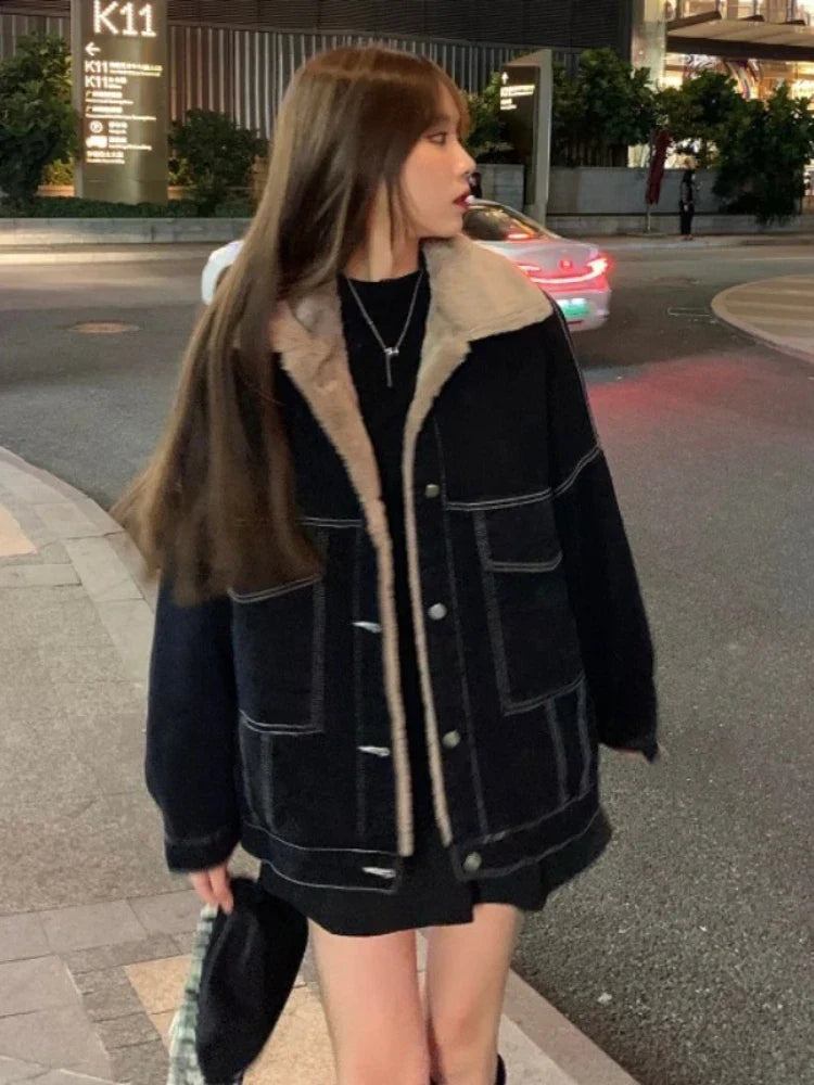 maoxiangshop1 New Korean Fashion Winter Women Coat Warm Lapel Denim Thick Jacket Casual Work Clothes Cotton Padded Jackets for Women Tops