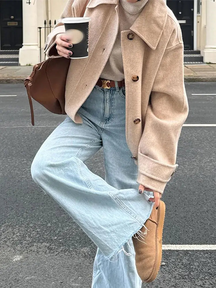 maoxiangshop - Fashion Single Breasted Lapel Collar Woolen Coat Women Long Sleeve Short Autumn Winter Jacket 2024 Female Elegant Chic Outerwear