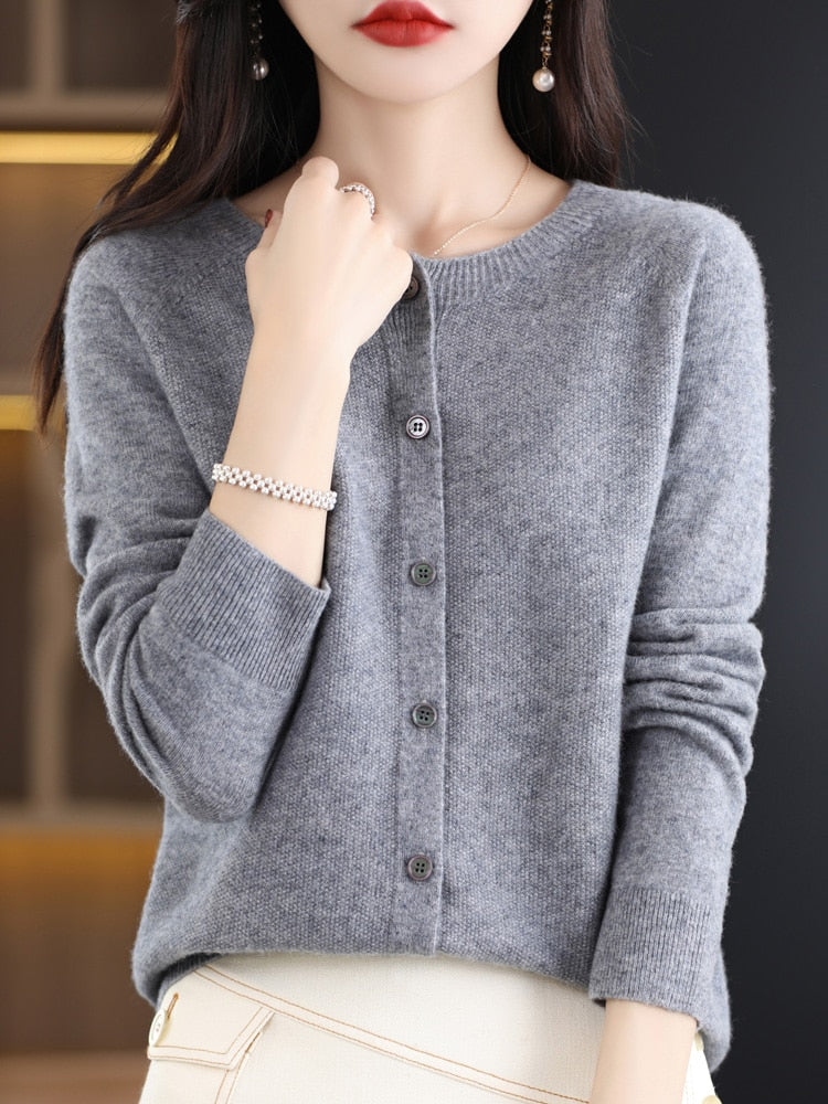 maoxiangshop Aliselect Long Sleeve Women Knitwear Cashmere Knit 100% Pure Merino Wool Spring Autume O-Neck Top Cardigan Sweater Clthing Coat