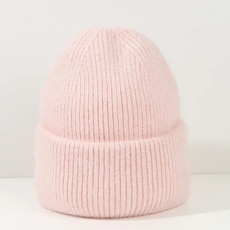maoxiangshop 21colors Autumn Angola Rabbit Fur Knitted Beanies Winter Skullies Women's Hat Fashion Solid Warm Cashmere Wool Three Fold Thick