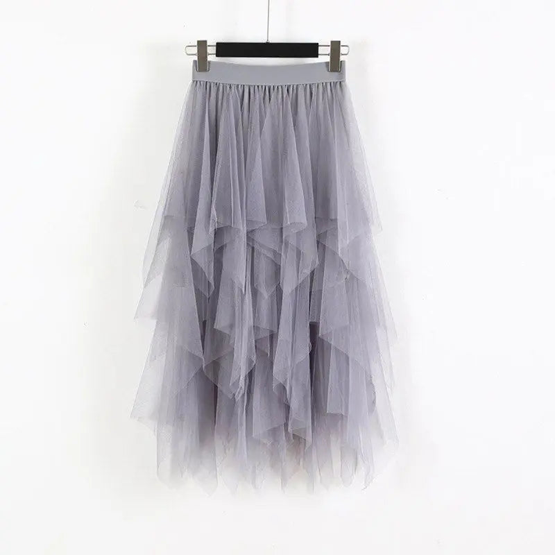 maoxiangshop Women High Waist Ruffles Mesh Long Tulle Skirt Irregular Hem Mesh Tutu Skirt Lady Elegant Solid Party Gown Skirt