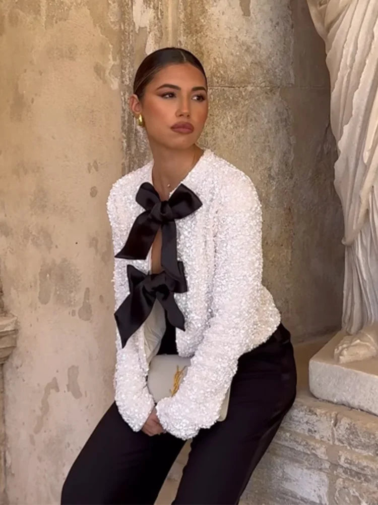 Sequins Sparkling Bow Jackets Women Shiny Evening Christmas Short Coats Female Elegant Long Sleeve Chic Partywear Tops 2023