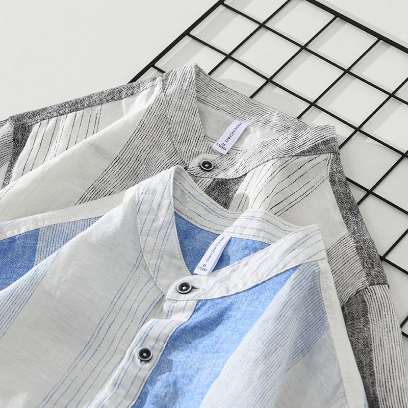maoxiangshop 2024 Summer New 100%Linen Pullover Short Sleeve Shirts for Men Fashion Striped Casual Loose Shirts