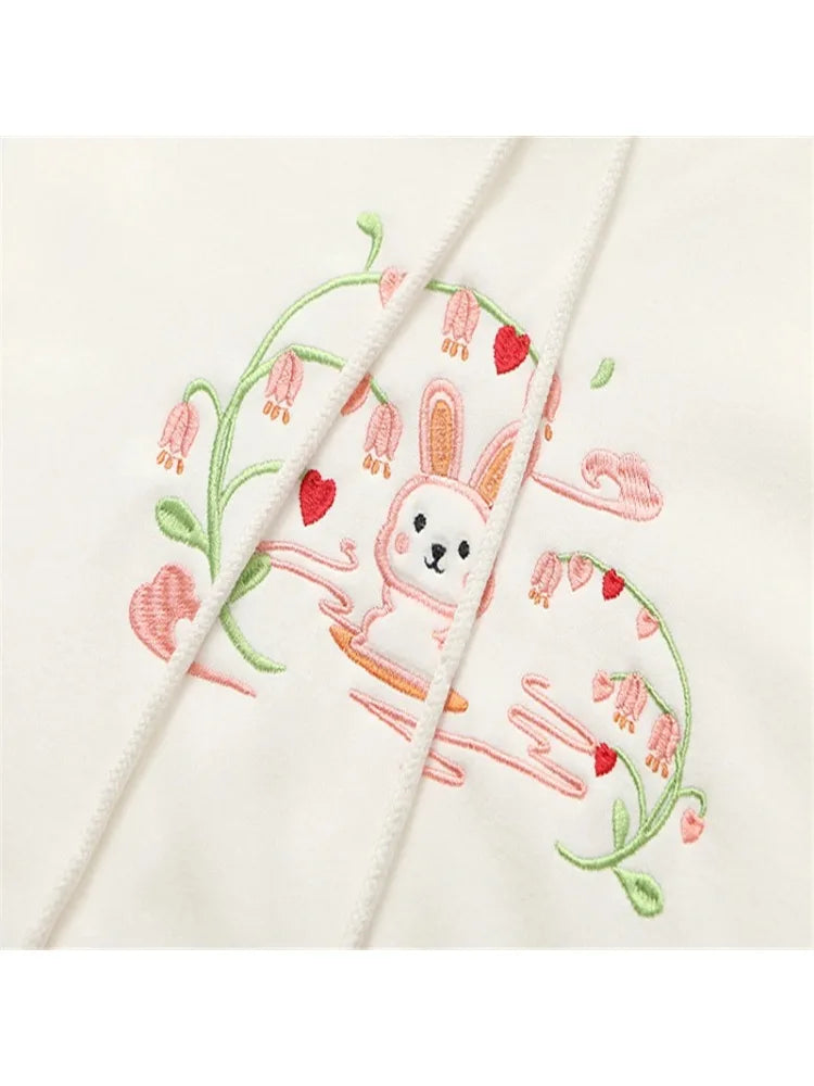 Fleece Thick Women Hoodies And Sweatshirts Cartoon Rabbit Embroidery Winter Flare Sleeve Kawaii Pullover Tracksuits