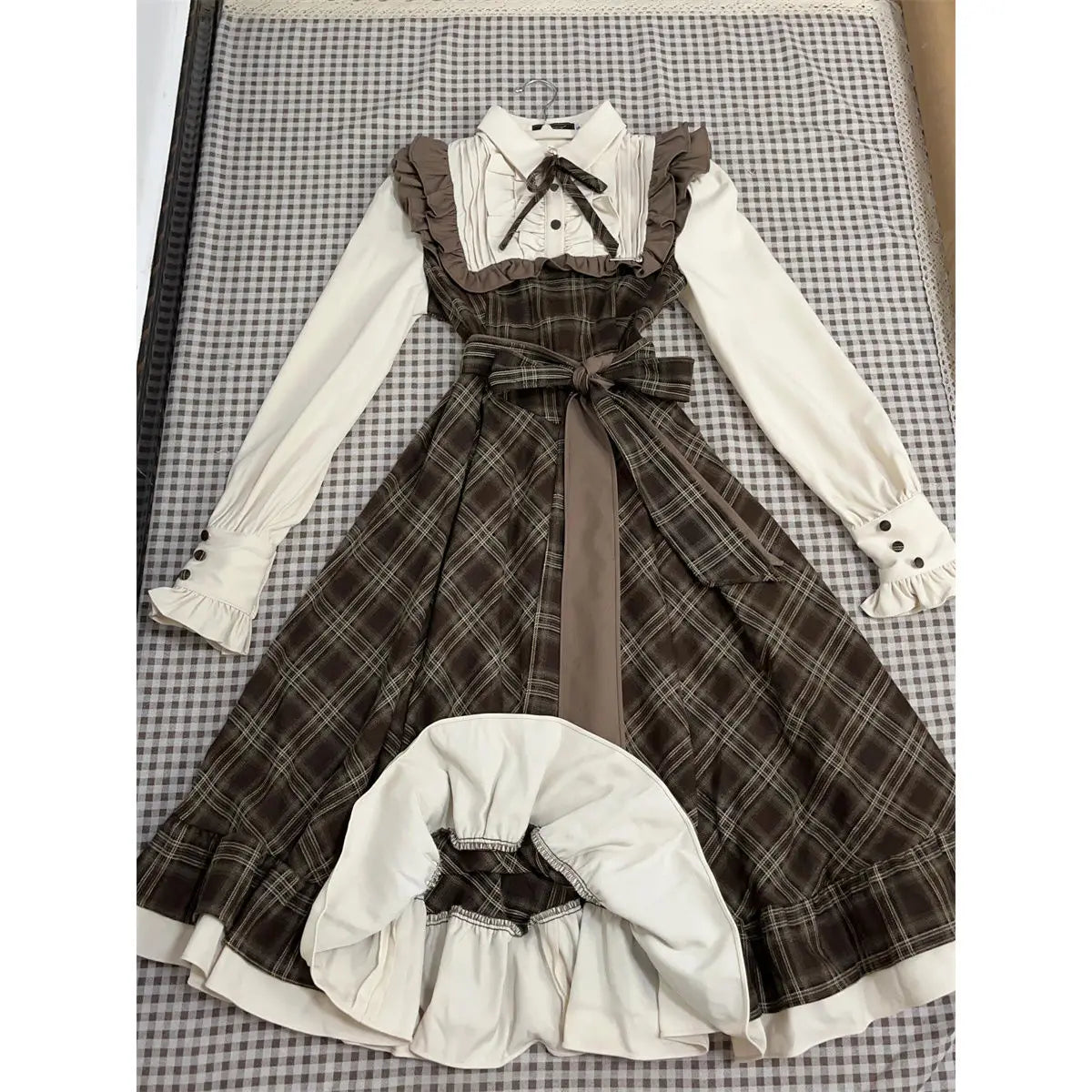 maoxiangshop - Autumn Fake Two Piece Spliced Long Sleeve Plaid Dress for Women Waist Slimming Sweet Girl College Style A-line Long Dresses