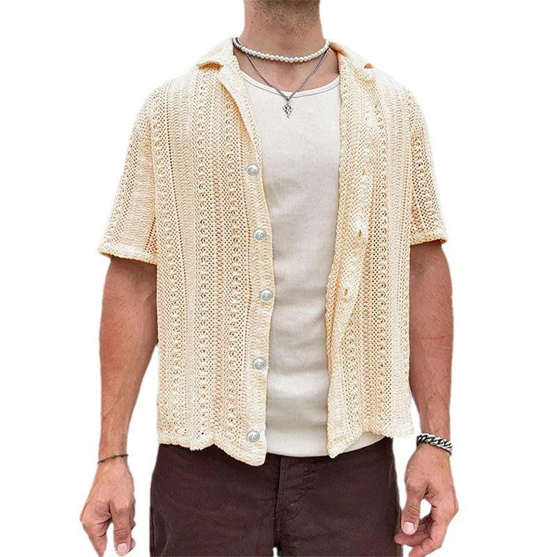 maoxiangshop Vintage Embroidery Knitting Mens Shirts Summer Beach Fashion Loose Short Sleeve Knit Tops For Men New Casual Knitted Cardigans