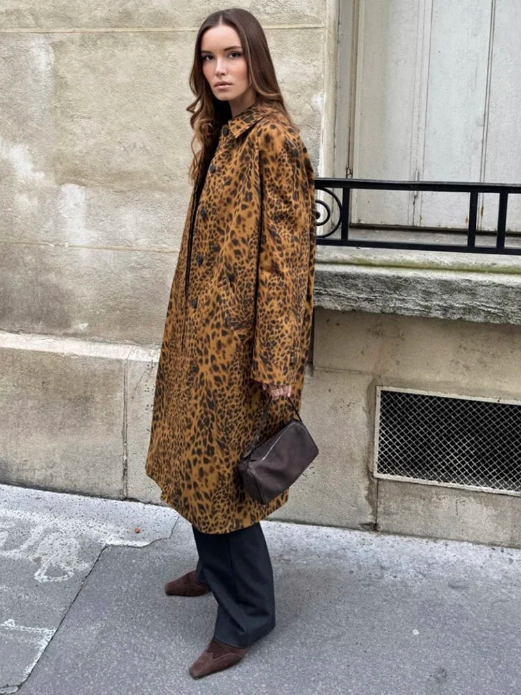 maoxiangshop - 2024 Autumn Leopard Print Women Oversize Trench Long Sleeve Single Breasted Long Loose Jacket Female Y2K Coat Streetwear