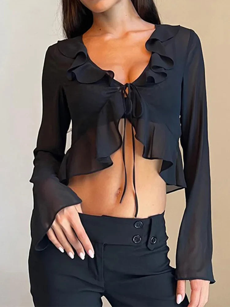 Vintage 90s Streetwear Ruffles Trim Green Chiffon T-shirts Y2K Fashion Sexy Deep V Lace Up Long Sleeve Tops Transparent