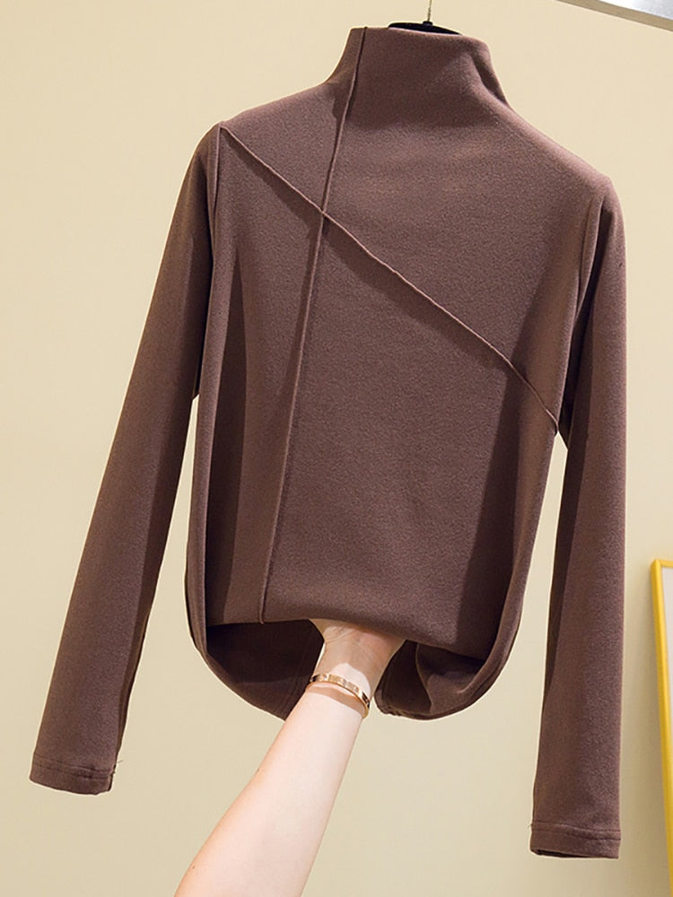maoxiangshop Long Sleeve Thick T Shirt Women Winter Tops Turtleneck Warm T-Shirt Korean Cotton Tshirt Woman Tee Shirt Femme Pink Blue