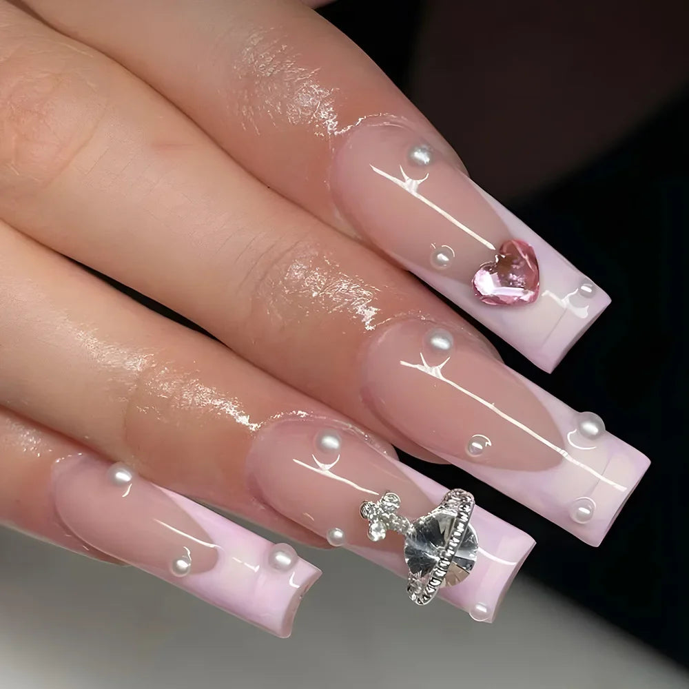 maoxiangshop 24Pcs Coffin False Nails Purple Butterfly Designs Fake Nails with Shiny Rhinestone Wearable French Full Cover Press on Nails