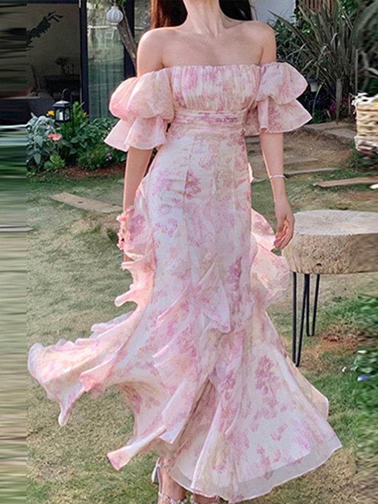 maoxiangshop Floral Sweet Women Midi Dress Mesh Elegant Slash Neck Korean Summer Female Dresses Petal Sleeve Fashion Lady Vestido New