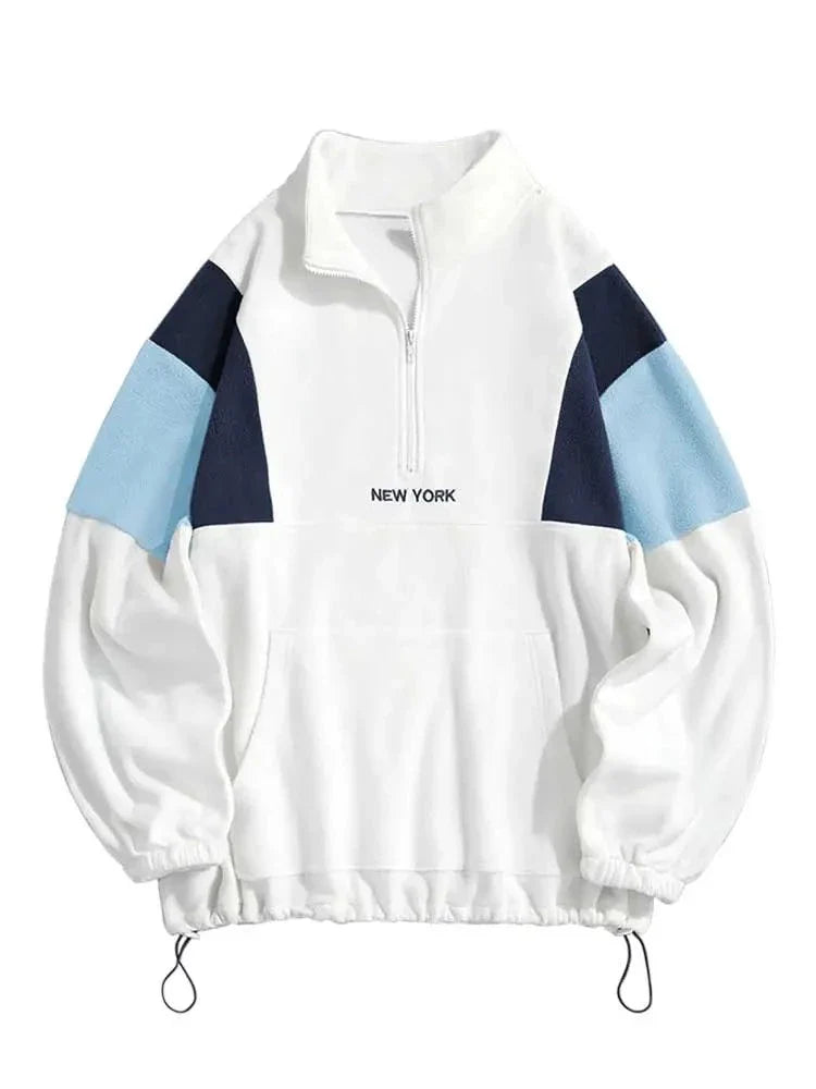 maoxiangshop Hoodie for Men Fluffy Polar Fleece Sweatshirts New York Embroidery Turtleneck Hoodies Pullover Color Block Zipper Sweats