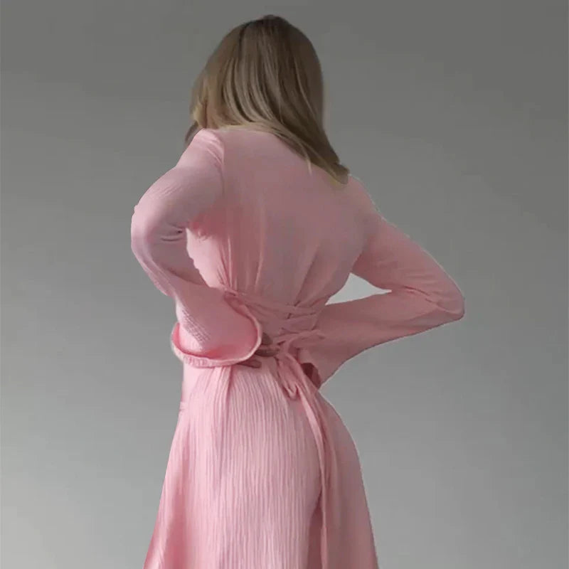 maoxiangshop - Fashion Bandage For Women Maxi Dress Slim Long Sleeve Square Collar Elegant Patchwork Autumn Dress Female Lace-Up Dress
