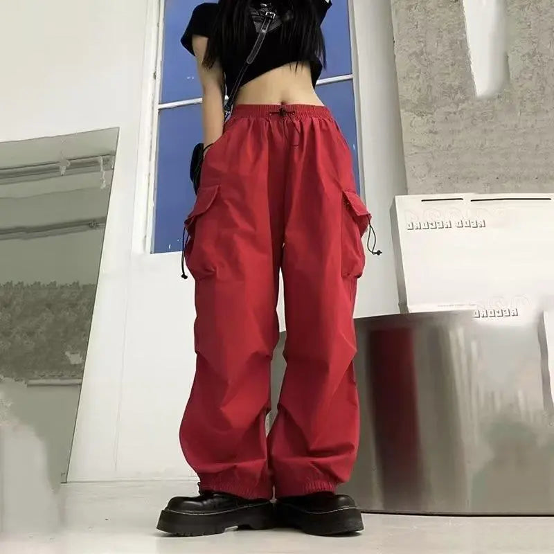 Women Casual Joggers Tech Pants Solid Low Waist Sweatpants Drawstring Wide Leg Baggy Trousers Y2k Streetwear Oversize Sweatpants