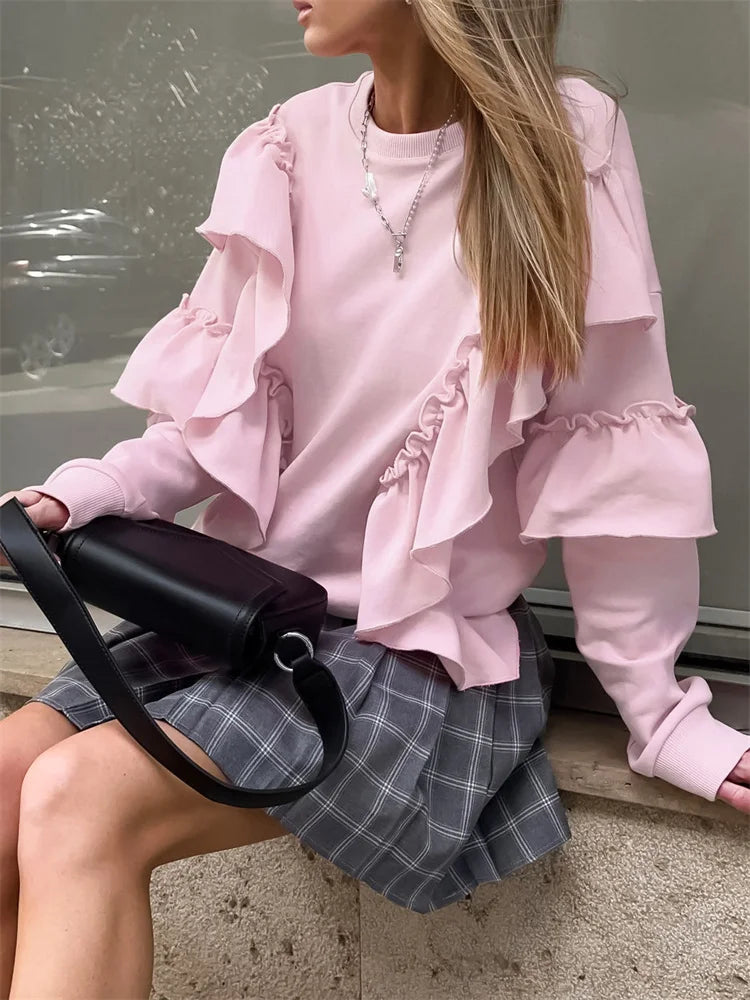 maoxiangshop - Autumn Knit Ruffled Pullover Women's Patchwork Fashion Loose Solid High Waist Knitwear Sweatshirts Female Elegant Hoodies