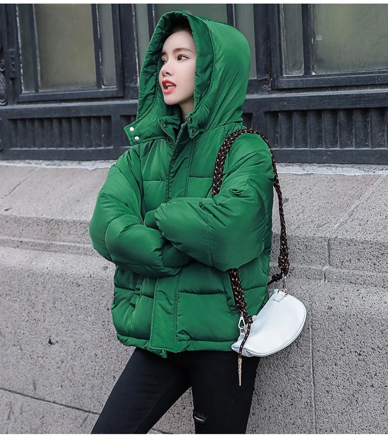 maoxiangshop Fashion Winter Hooded Puffer Jacket Women Solid Casual Warm Oversize Parkas Female Korean Loose Long Sleeve Coat Women Clothing