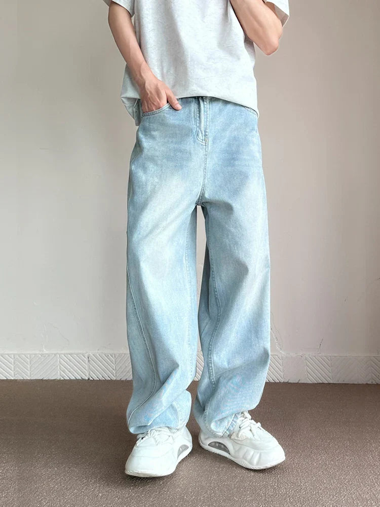 maoxiangshop Korean Fashion Men's Baggy Jeans Light Blue High Street Straight Wide Trousers Personalized Washed Y2k Pants Male