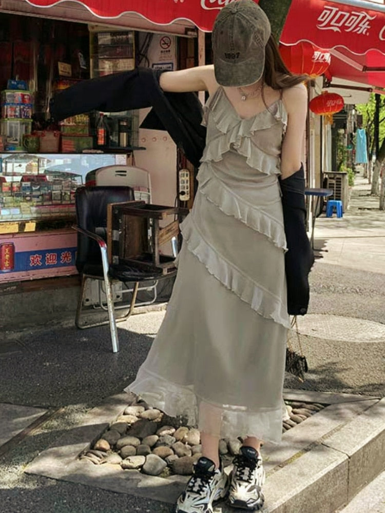 maoxiangshop Dresses Women Ruffles Design Daily Pure Sexy Spaghetti Strap Elegant Casual Korean Style Retro Summer Ladies Midi Vestidos Chic