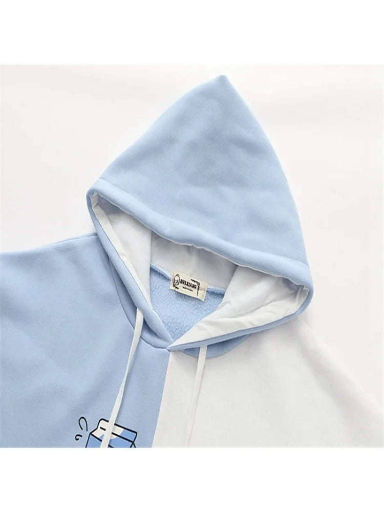 maoxiangshop fleece plus velvet women hoodies and sweatshirt cartoon cat print patchwork cute hooded pullover for sweet style Tracksuits