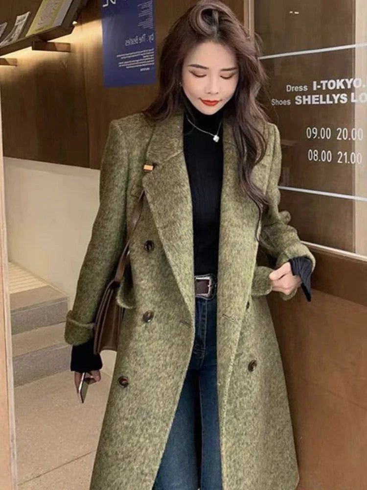 maoxiangshop - 2024 Autumn Winter Fashion Woolen Coat Women's Clothing Solid Color Lapel Double Breasted Loose Long Overcoat Lady Jacket