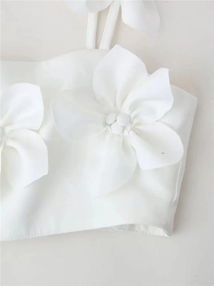 maoxiangshop - Cute Girl Fashion Flower Appliques White Elastic Short Tops Summer Chic Lady 2024 New Fashion Sling Vest