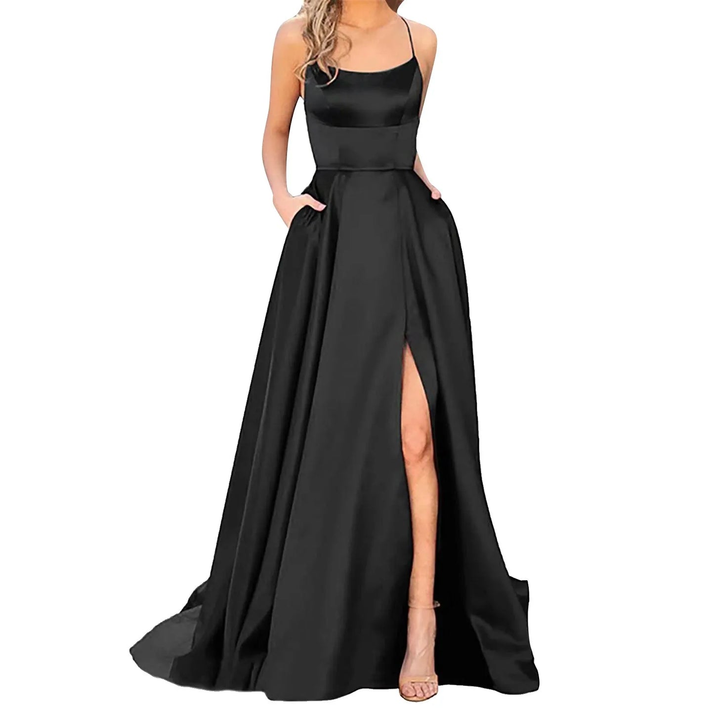 maoxiangshop-Sexy Backless Long Evening Prom Dress Purple Side Slipt Maxi Dress Women A Line Spaghetti Straps Satin Prom Gowns Formal Vestido