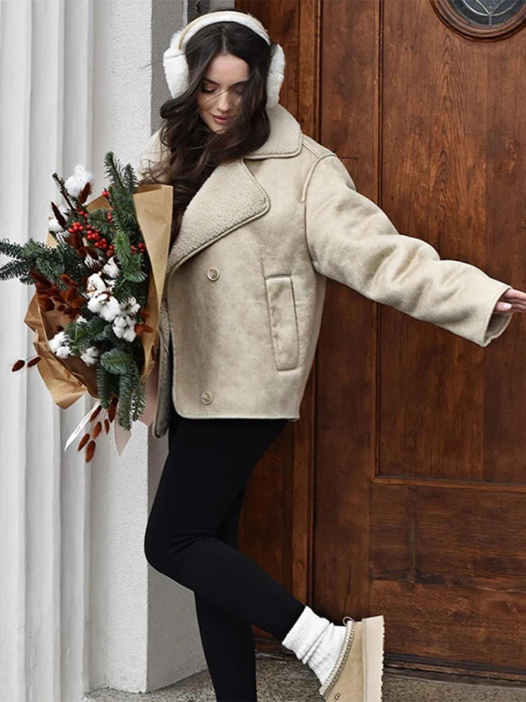 maoxiangshop - Casual Lapel Thick Faux Leather Jackets Women Vintage Single-Breasted Warm Wool Blends Coats Female Winter High Street Outwears