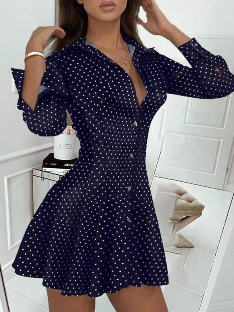 maoxiangshop Dot Print Pleated Dress Women Long Sleeve Turn Down Collar Elegant Mini Dress Ladies Casual Short Dress
