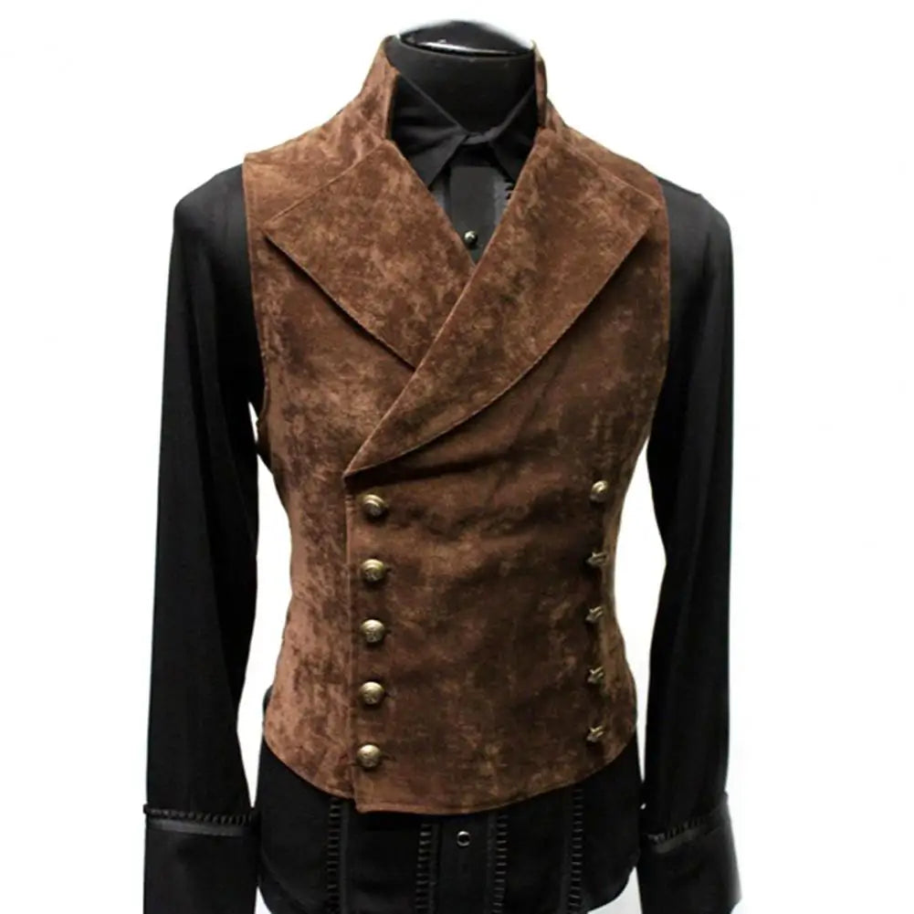 maoxiangshop Vintage Red Suede Suit Vest Men Waistcoat Stand Collar Solid Color Double Breasted Slim-Fit Vest Steampunk Gilet Homme