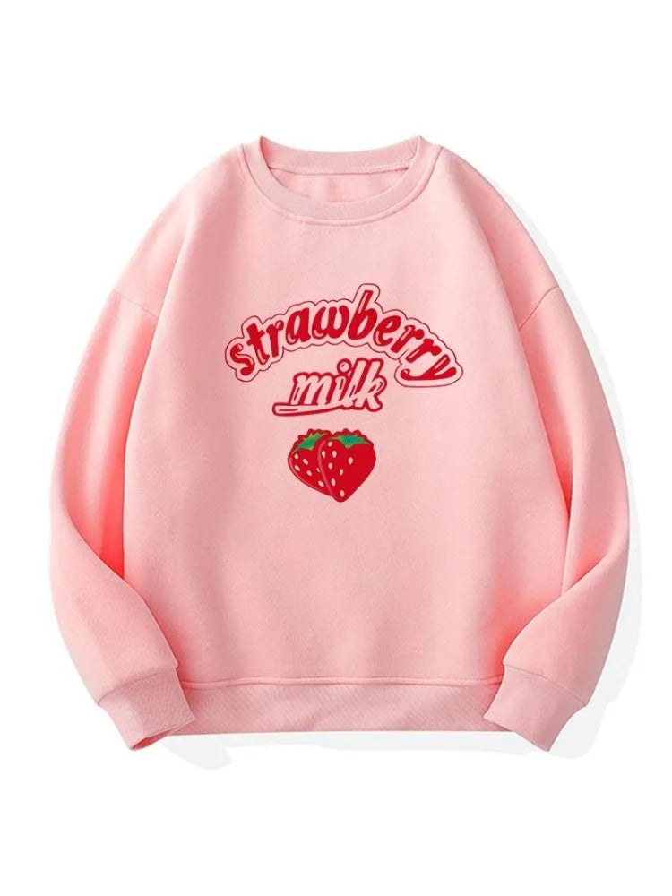 3XL Harajuku Kawaii Strawberry Pink Sweatshirts Fleece Sweatshirt Women Kpop Chic Cute Girls Top Y2k Clothes