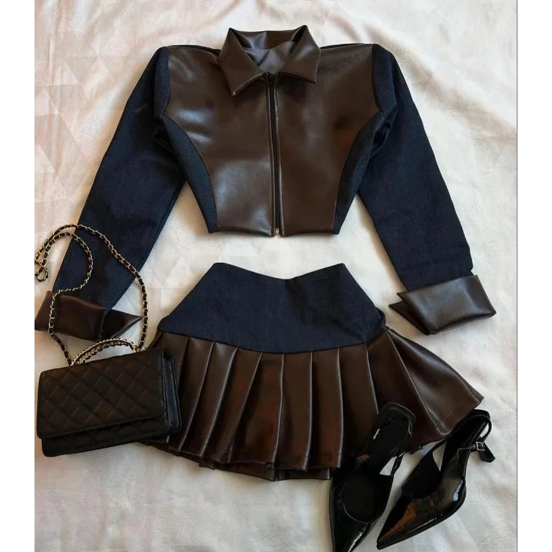 maoxiangshop - Y2K Harajuku Gothic Leather Jacket Casual Skirts Gothic Fashion Leather Patchwork Two Piece Clothing gothic Women Hot Sweetheart