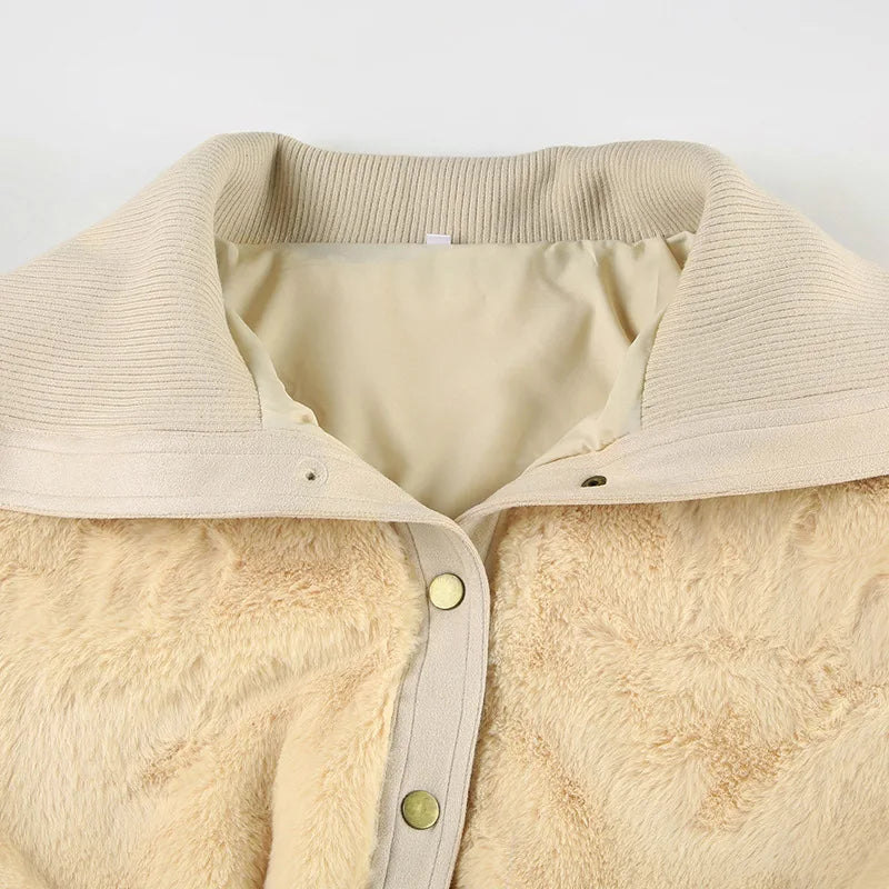 maoxiangshop - 2024 Winter Faux Fur Patchwork Jackets Women Turn Down Collar Long Sleeve Single Breasted Warm Crop Coats Top Street Outerwear
