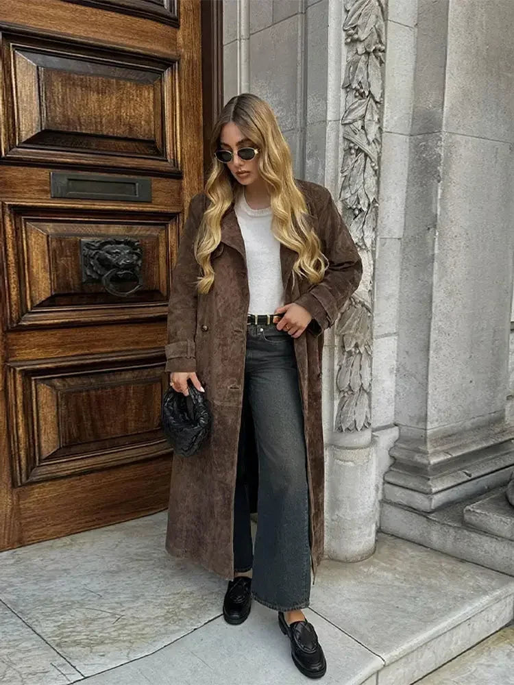 maoxiangshop - Fashion Solid With Belt Suede Long Jacket 2024 Women Chic Button Lapel Oversize Loose Overcoat Autumn Female High Street Coat