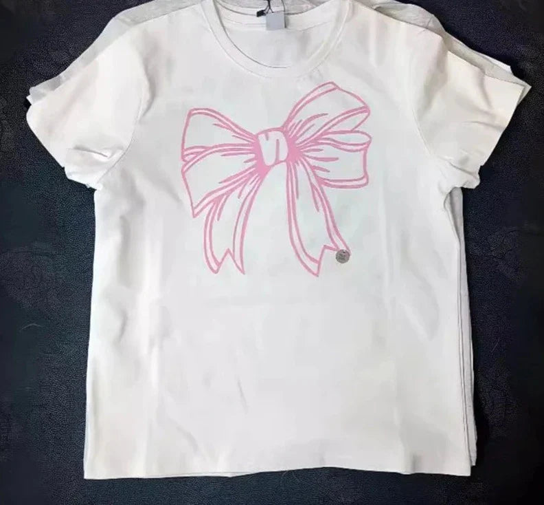 maoxiangshop - Large Bow Print Cute Women T-shirts Short Sleeve O-neck Loose Sweet Summer Tees Cotton 2024 New Fashion Korean Chic Tops Woman