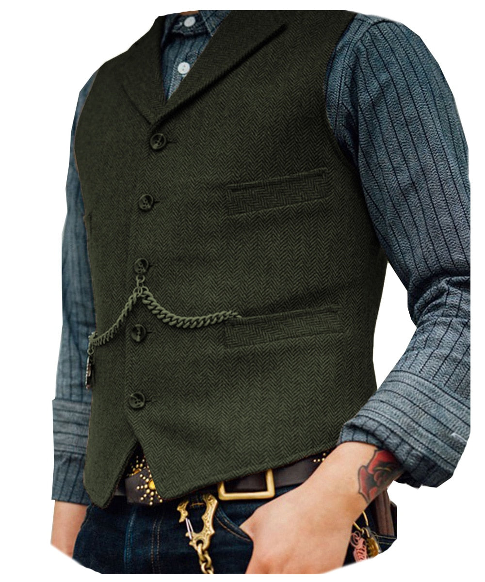 maoxiangshop Men's Suit Vest Brown Wool Tweed Business Waistcoat Jacket Casual Slim Fit Gilet Homme Vests For Groosmen Man Wedding