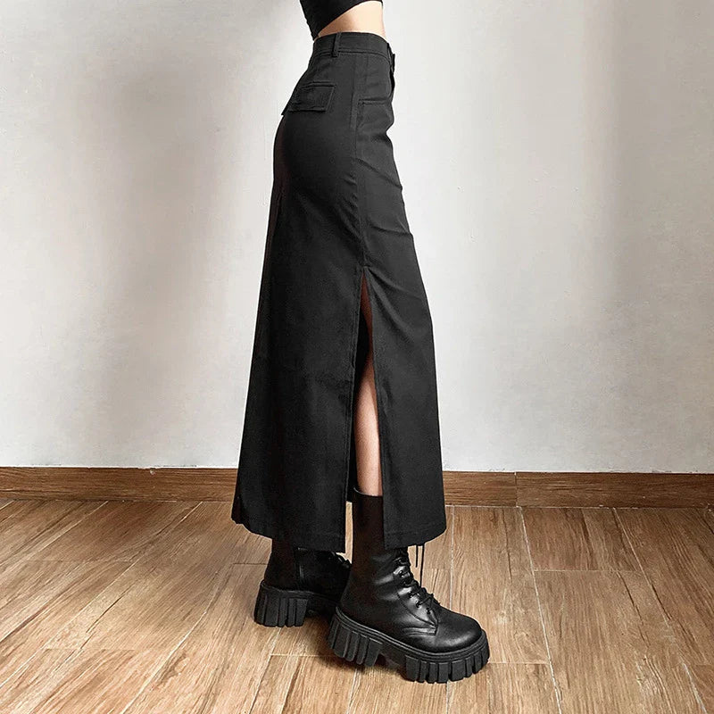 maoxiangshop Goth Dark Elegant Mall Gothic Trumpet Women Midi Skirts Grunge High Waist Split Sexy Club Long Skirt Slim Party Streetwear