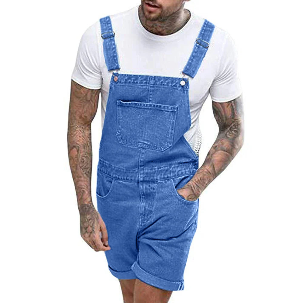 maoxiangshop Men's Vintage Jeans Overalls Solid Color Elastic Denim Jumpsuit With Pockets Men Summer New Casual Button Suspenders Short Pants