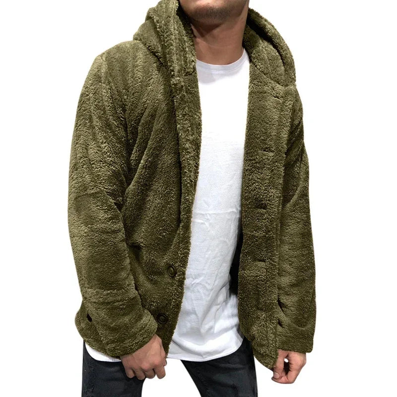 maoxiangshop Men's Teddy Bear Fleece Coat Cardigan Winter Warm Hooded Coat Fashion Solid Color Long Sleeve Pocket Button Hooded Warm Coat
