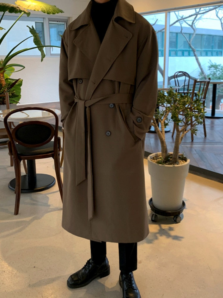 maoxiangshop men's clothing Korean trend windbreaker mid long loose clothes handsome male's Autumn casual trench coat with belt new