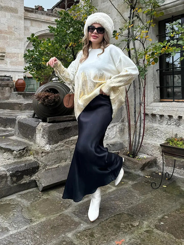 maoxiangshop - Loose Tie Dyed Shiny Metallic Sweater Women Round Neck Long Sleeve Knit Pullover 2024 Spring Autumn Fashion Lady Street Jumper